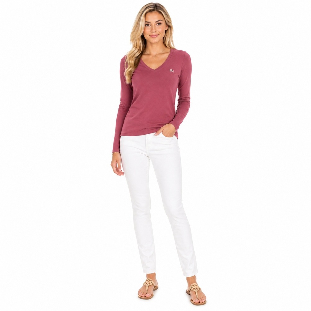 Burberry Brit Top Women XS Magenta V-Neck Long Sleeve Embroidered Knight Logo